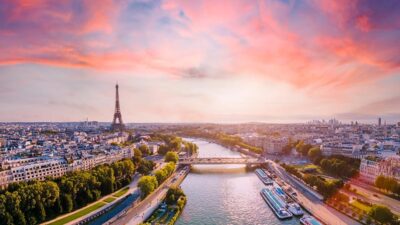 Paris aerial panorama with river Seine and Eiffel tower, France.
