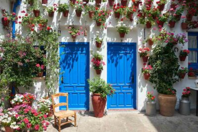 Blue patio doors with flower decorations on the wall in Spain